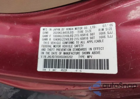 2005 Honda Cr-V Lx z USA, uszkodzony, nr VIN JHLRD78595C065202